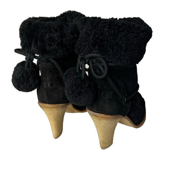 DIOR Boots Sz.9.5 Black Suede Shearling High Heel Pom Pom Drawstrings Fur Trim - Picture 3 of 16